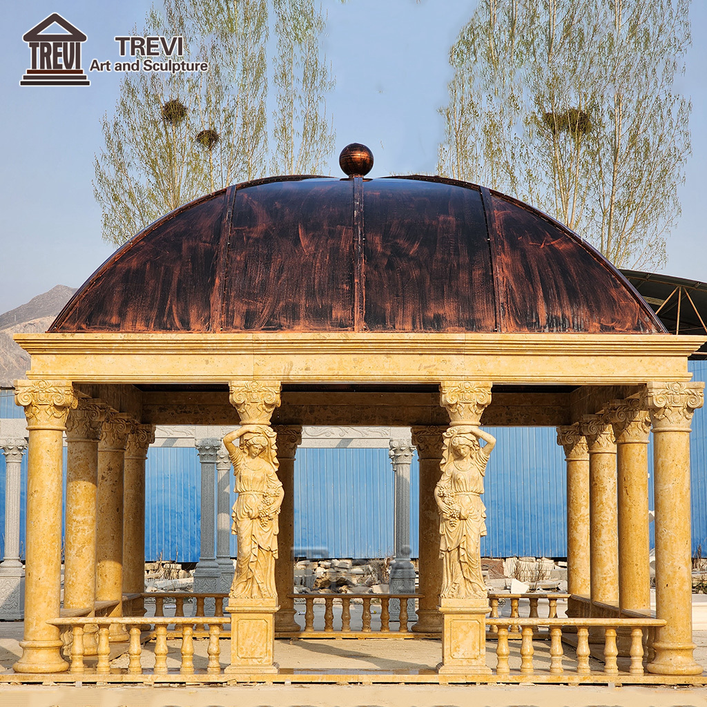 Customized Garden Furniture Outdoor Large Carved Beige Natural Stone Square Marble Gazebos