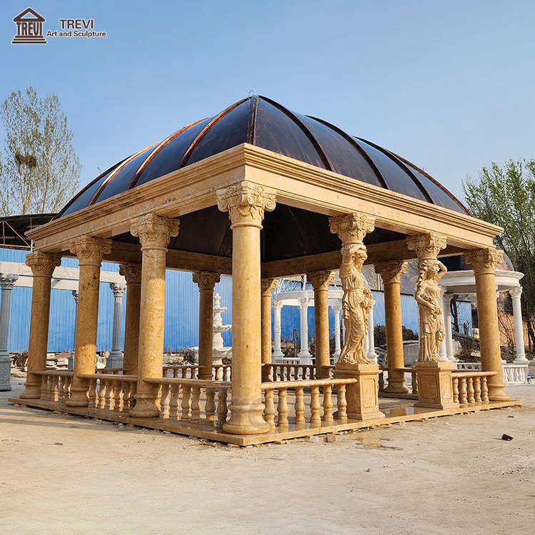 Customized Garden Furniture Outdoor Large Carved Beige Natural Stone Square Marble Gazebos