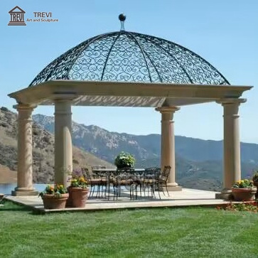 Customized Garden Furniture Outdoor Large Carved Beige Natural Stone Square Marble Gazebos