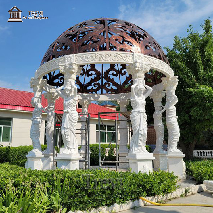 Outdoor Natural White Marble Stone Greek Statues Gazebo with Metal Roof For Garden