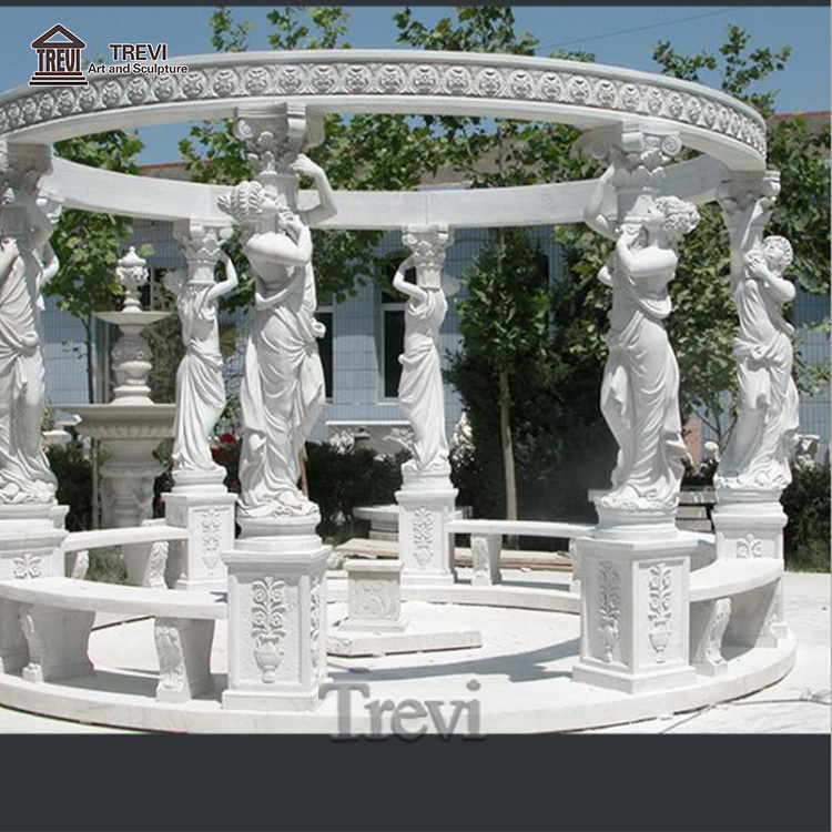 Outdoor Natural White Marble Stone Greek Statues Gazebo with Metal Roof For Garden