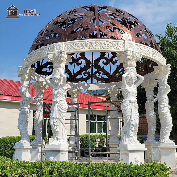 Outdoor Natural White Marble Stone Greek Statues Gazebo with Metal Roof For Garden