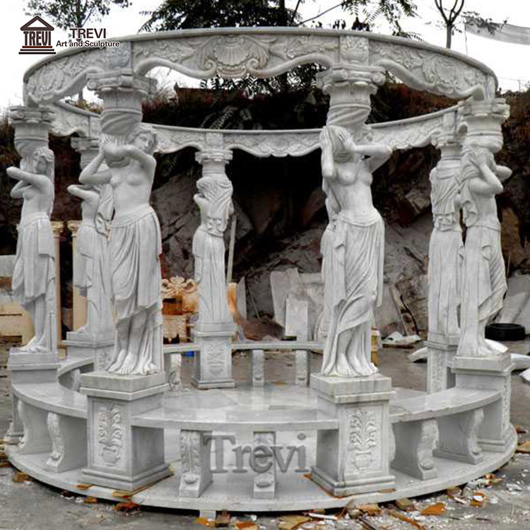 Outdoor Natural White Marble Stone Greek Statues Gazebo with Metal Roof For Garden