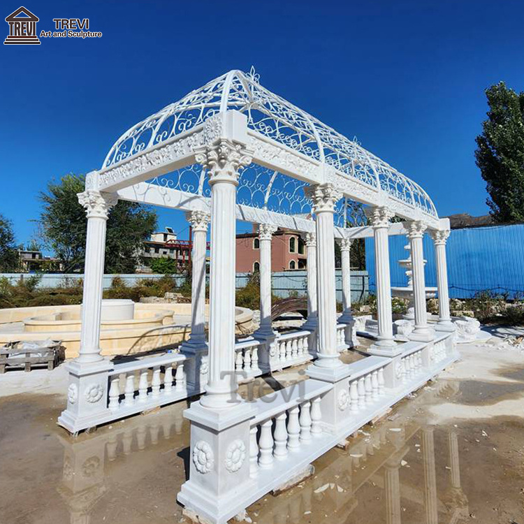 White Roman Style Natural Statue Garden Gazebo Large Marble Outdoor With Corridor