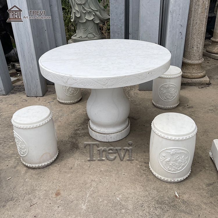 Garden Public Outdoor Natural Stone Marble Tables And Chairs Bench Sculpture Set