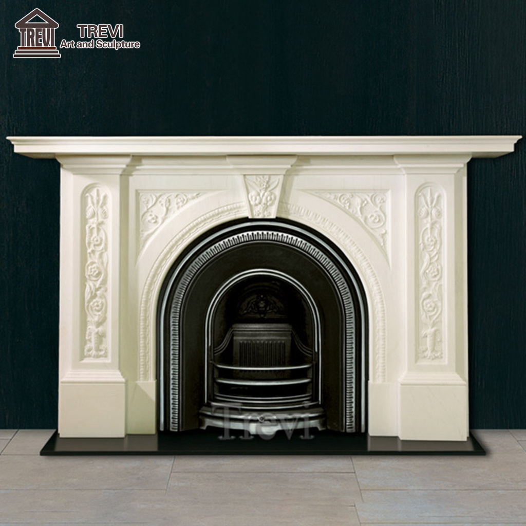 Classical White Marble Victorian Arched Viola Marble Fireplace Surround