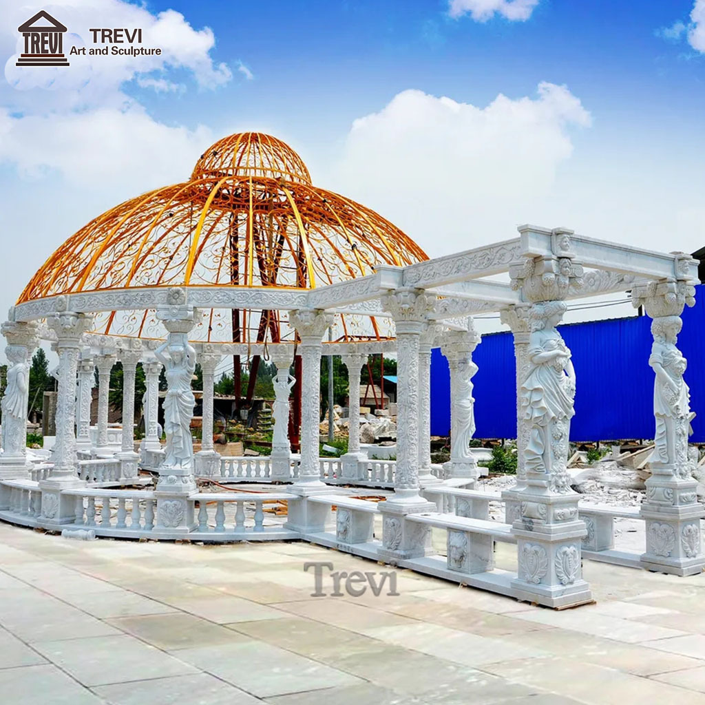 White Roman Style Natural Statue Garden Gazebo Large Marble Outdoor With Corridor