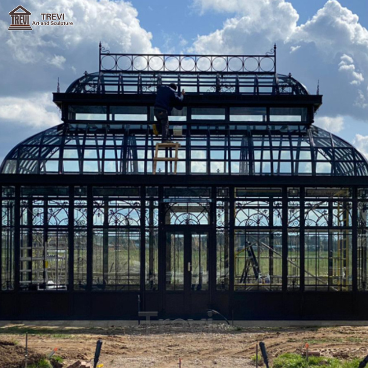 Factory Supplier Large Outdoor Greenhouse Decor Glass Roof Wrought Iron Gazebo