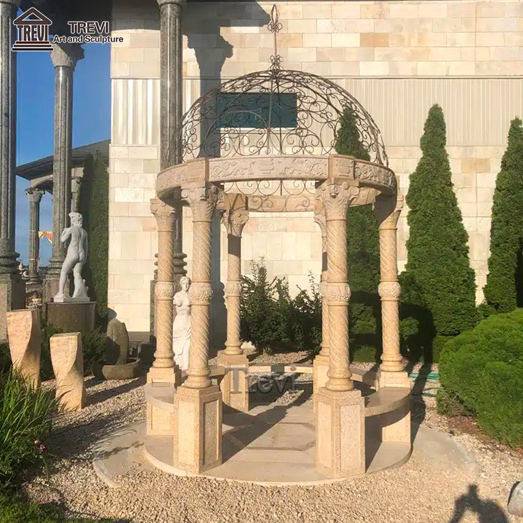 Patio Garden Decor Pavilion Stone Marble Gazebo with Iron Dome for Sale