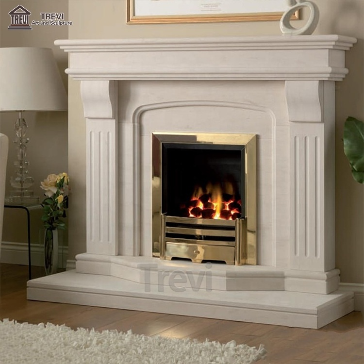 American Modern All White Carved Mantle Natural Stone Surround Mantel Marble Fireplace