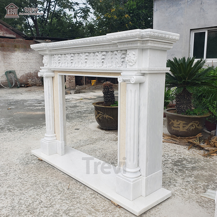 American Modern All White Carved Mantle Natural Stone Surround Mantel Marble Fireplace