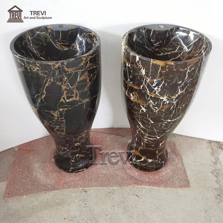 Factory Good Price Hand Made Carved Black Stone Marble Unique Pedestal Sinks