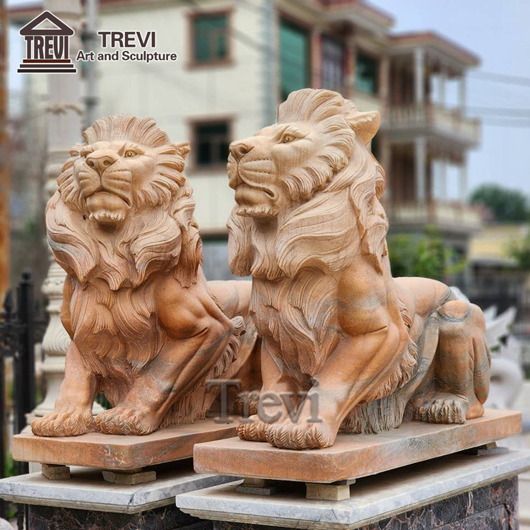 Outdoor Garden Decoration Sunset Red Marble Stone Lion Statue Sculpture