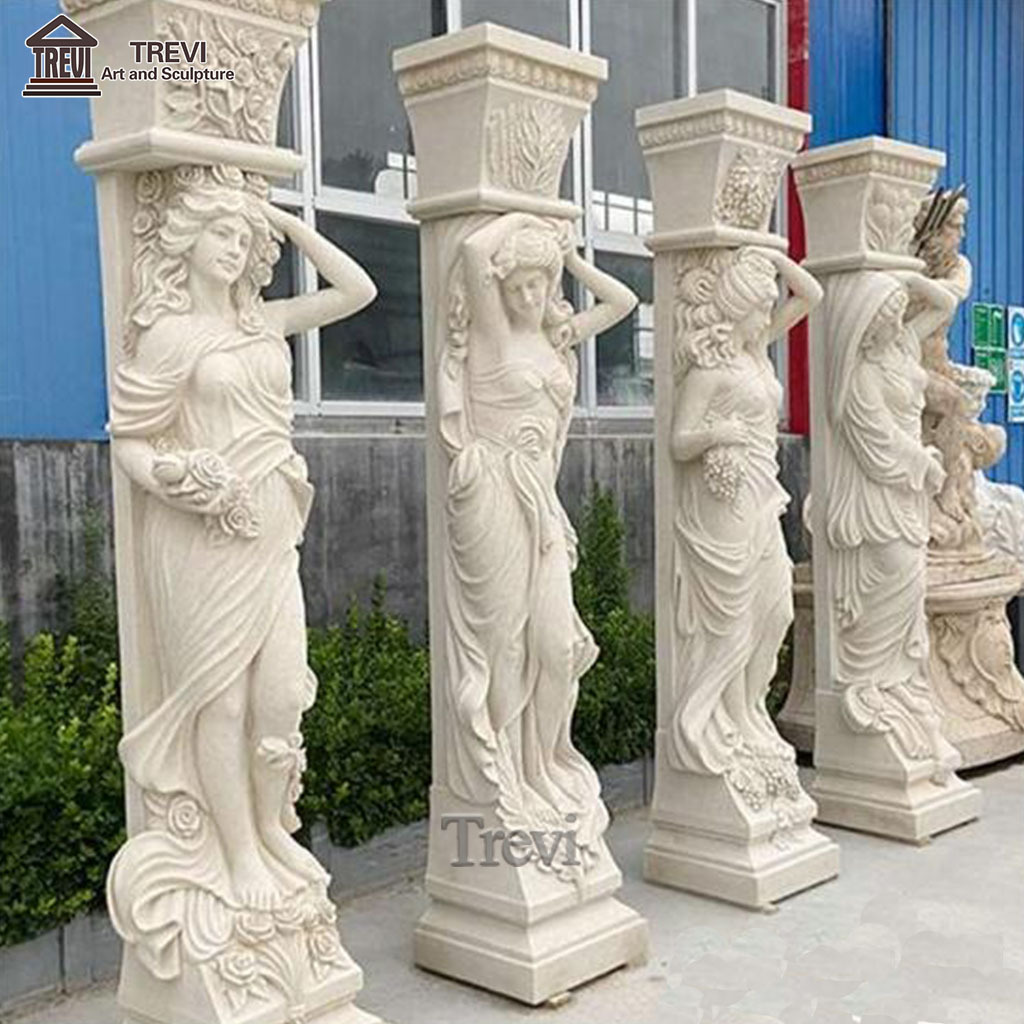 Customized Decorative Natural Stone Antique Beige Lady Statue Pillar Marble Column