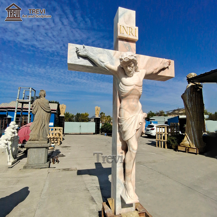 Life Size Religious Decoration White Marble Jesus Christ Sculpture Statue with Cross