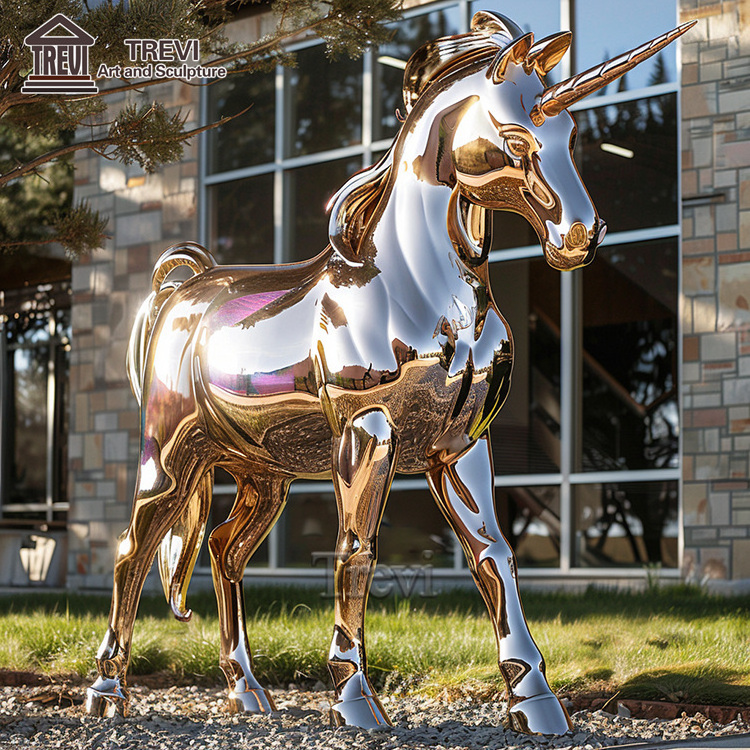 Modern Garden Mirror Animal Statue Life Size Stainless Steel Unicorn Sculpture