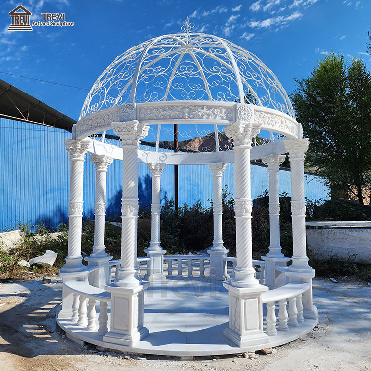 Outdoor Handmade Natural White Marble Stone Pillar Pavilion Round Gazebo