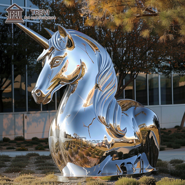 Modern Garden Mirror Animal Statue Life Size Stainless Steel Unicorn Sculpture