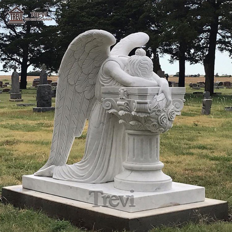 Life Size White Marble Monuments Grave Stone with Weeping Angel  Statue for Memorial