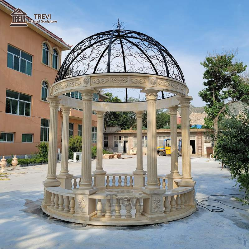 Large Garden Decoration Natural Stone Beige Outdoor Marble Pavilion Column Gazebo