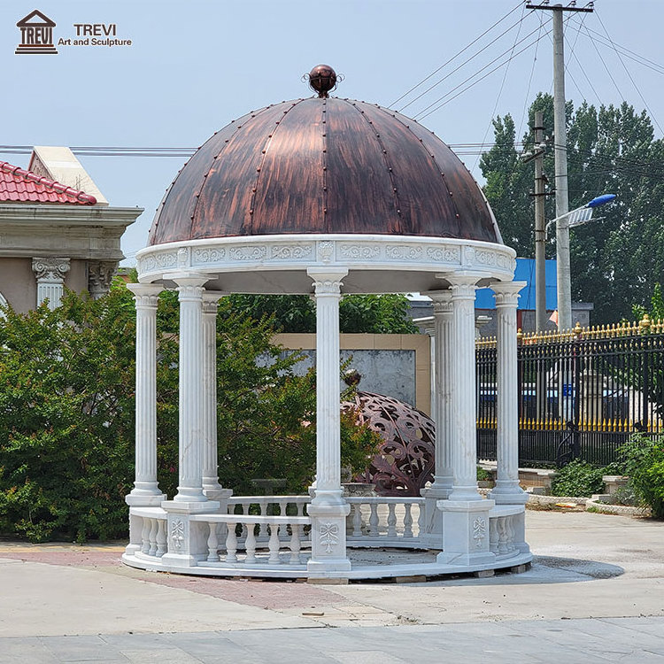 Outdoor Handmade Natural White Marble Stone Pillar Pavilion Round Gazebo