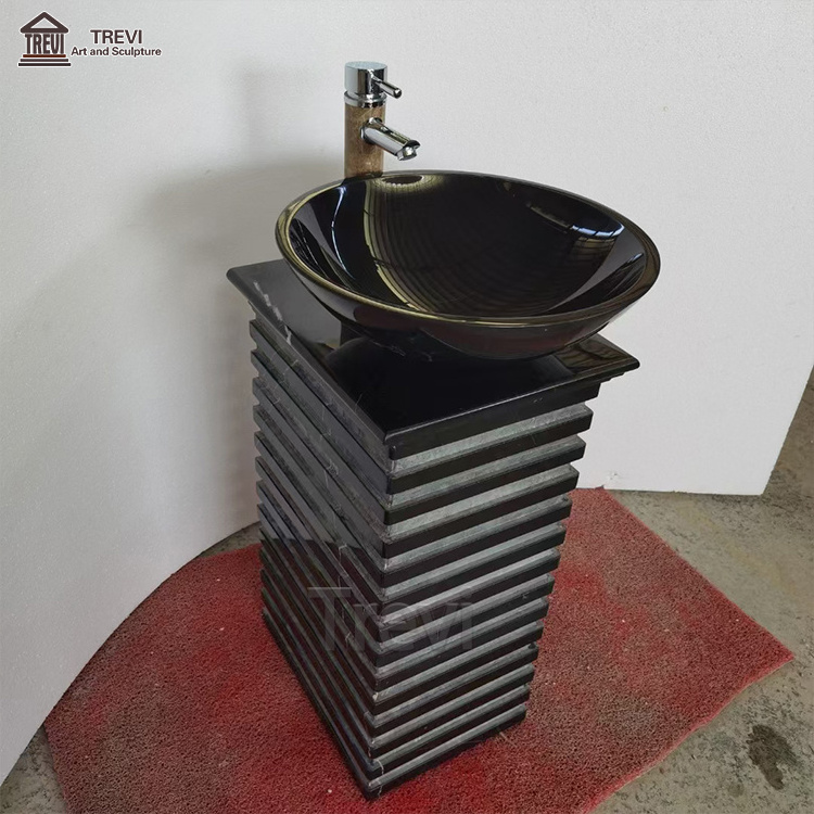 Factory Good Price Hand Made Carved Black Stone Marble Unique Pedestal Sinks