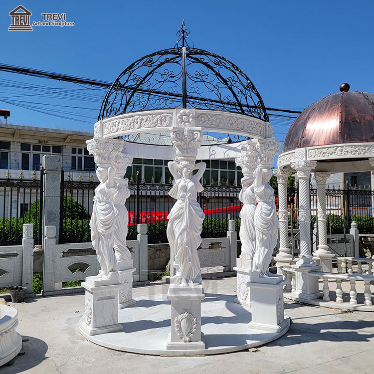 Outdoor Handmade Natural White Marble Stone Pillar Pavilion Round Gazebo