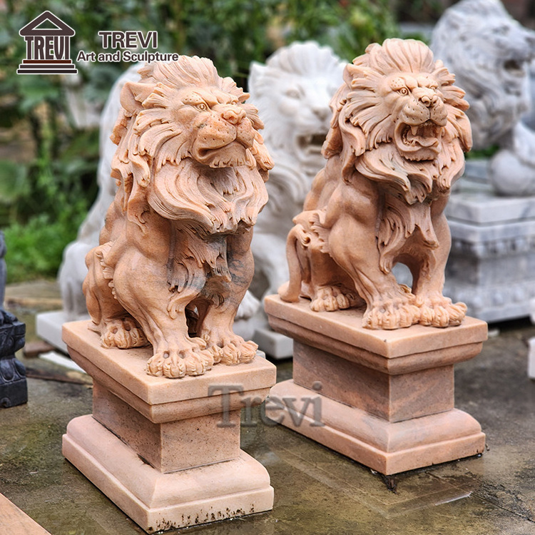 Outdoor Garden Decoration Sunset Red Marble Stone Lion Statue Sculpture