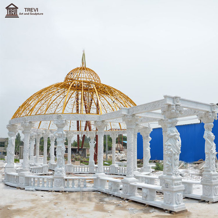 White Roman Style Natural Statue Garden Gazebo Large Marble Outdoor With Corridor