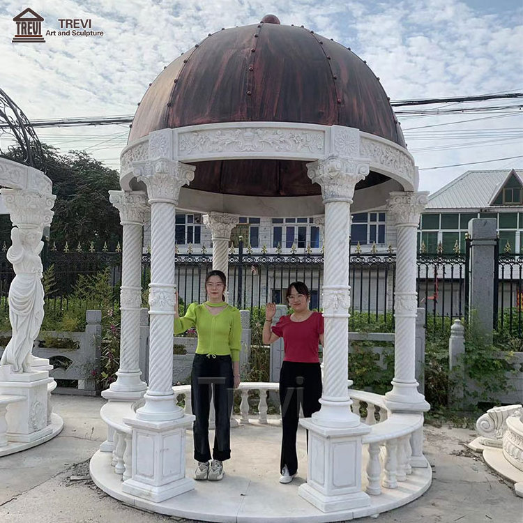 Outdoor Handmade Natural White Marble Stone Pillar Pavilion Round Gazebo