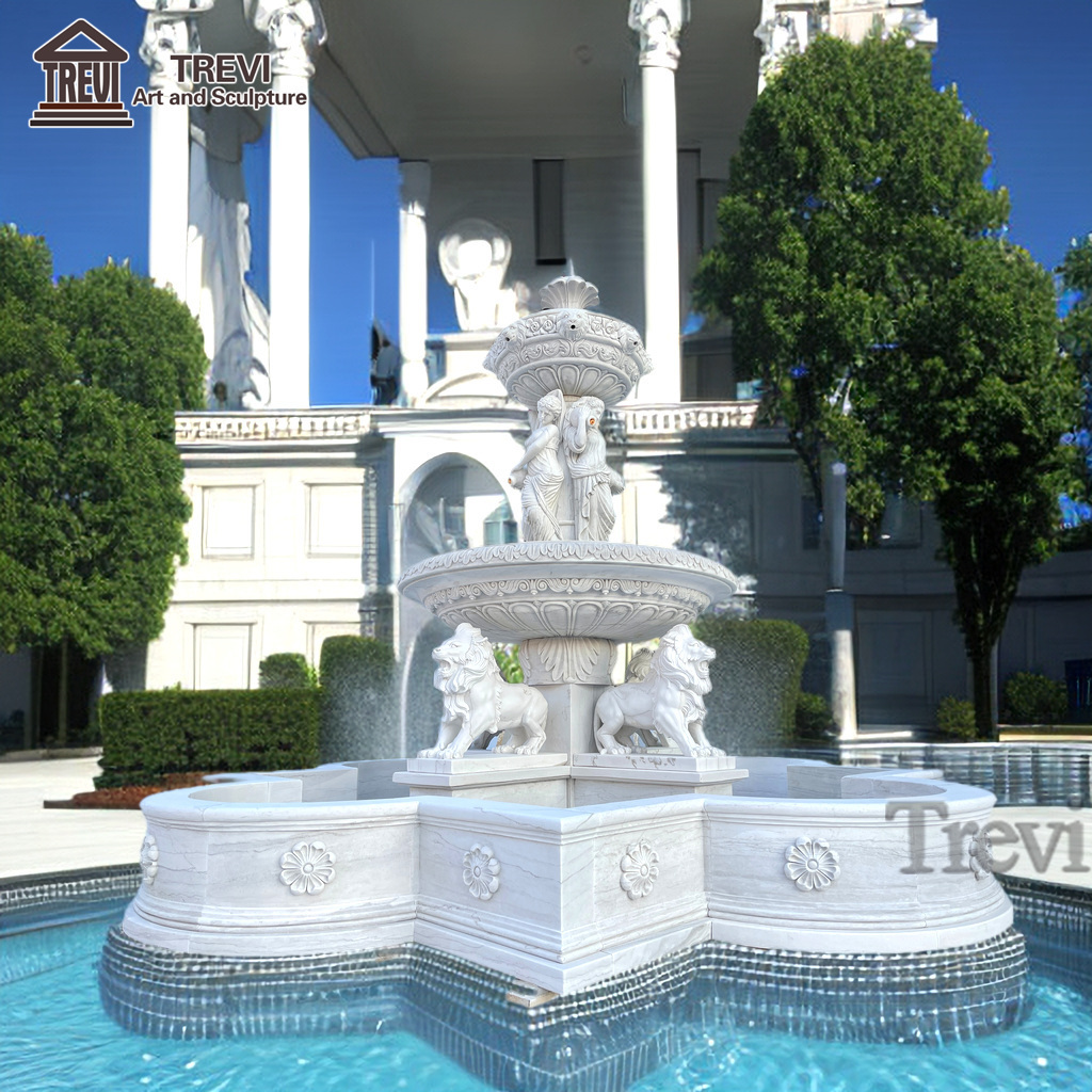 Outdoor Villa Large Water Fountain Natural Marble Lion Statue Fountain