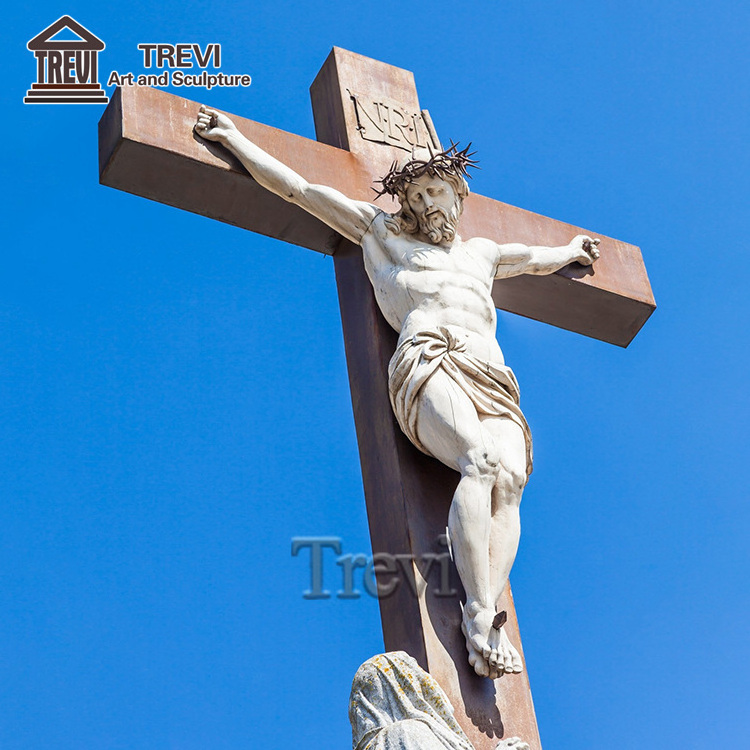 Life Size Religious Decoration White Marble Jesus Christ Sculpture Statue with Cross