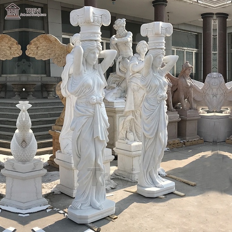 Customized Decorative Natural Stone Antique Beige Lady Statue Pillar Marble Column