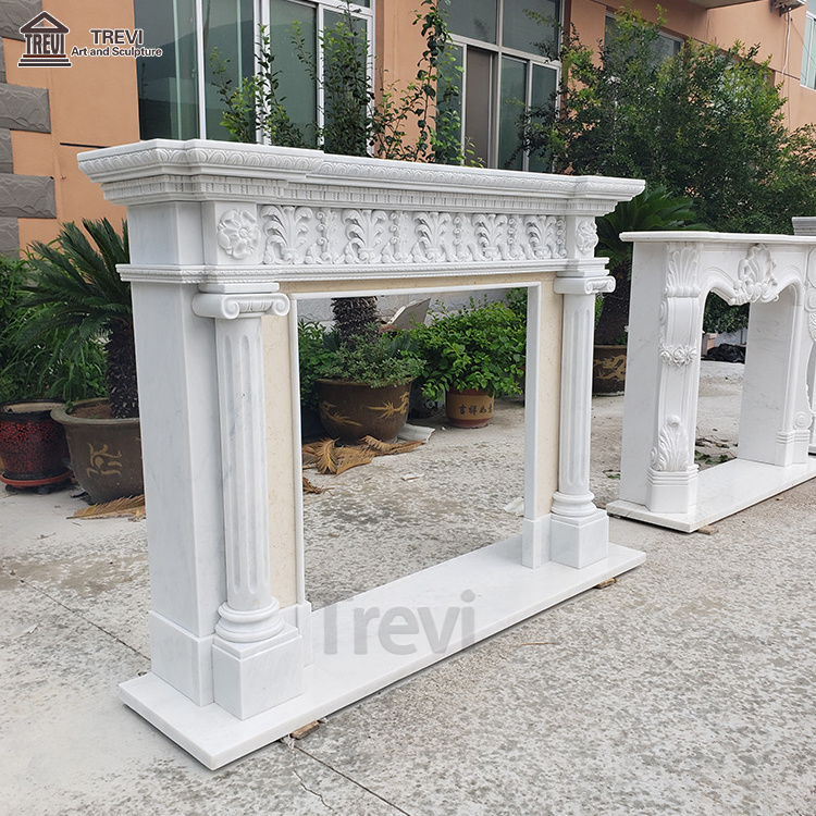 American Modern All White Carved Mantle Natural Stone Surround Mantel Marble Fireplace