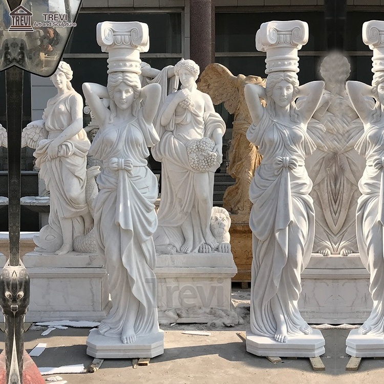 Customized Decorative Natural Stone Antique Beige Lady Statue Pillar Marble Column