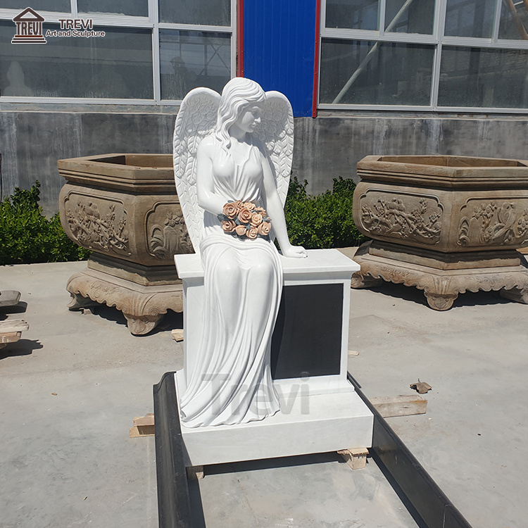 Good Price Usa Angel with Flower Cemetery Funerary Headstones and Monuments Marble Memorial for Sale