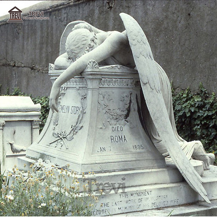 Life Size White Marble Monuments Grave Stone with Weeping Angel  Statue for Memorial