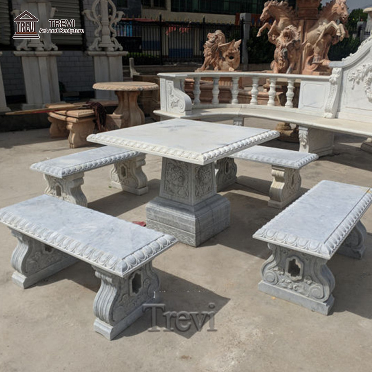 Garden Public Outdoor Natural Stone Marble Tables And Chairs Bench Sculpture Set