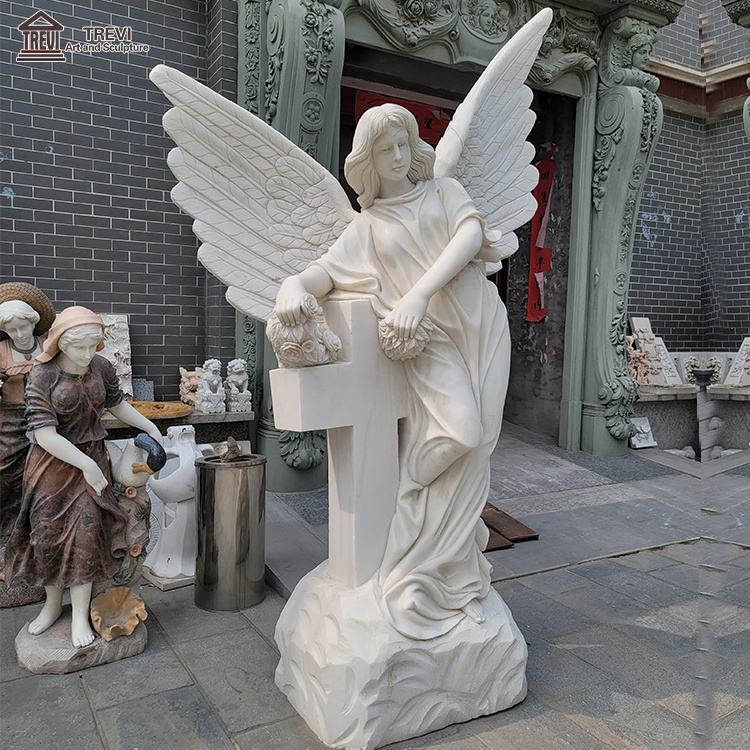 Roman Outdoor Garden Carving Natural Stone Marble Angel And Dove Statues Life Size