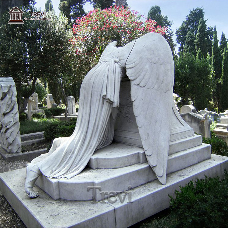 Life Size White Marble Monuments Grave Stone with Weeping Angel  Statue for Memorial