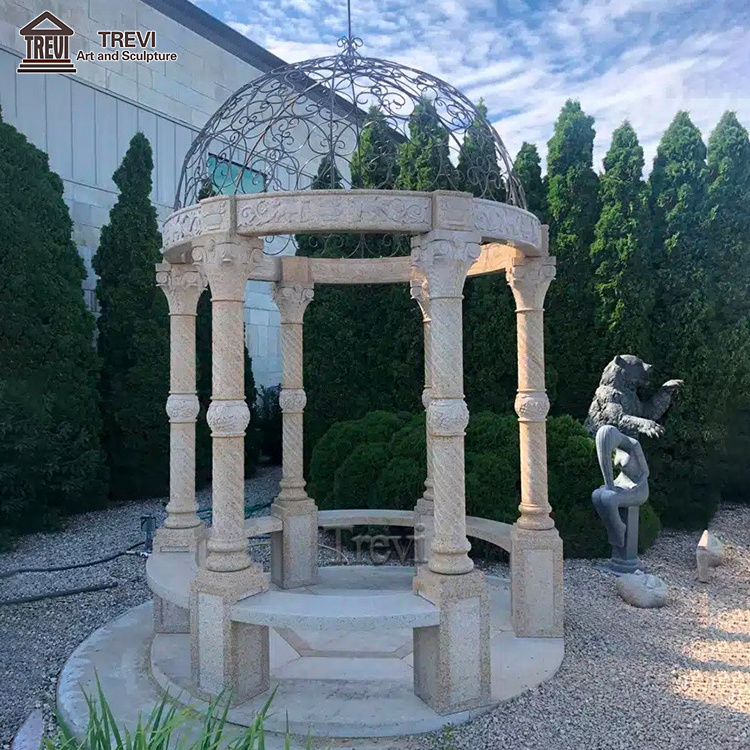 Patio Garden Decor Pavilion Stone Marble Gazebo with Iron Dome for Sale