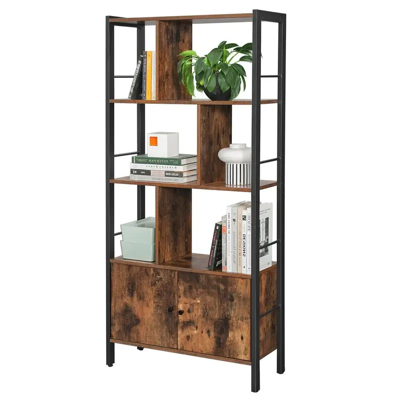 Industrial Bookshelf and Bookcase with 2 Louvered Doors and 4 Shelves, Standing Storage Cabinet for Living Room, Home Office