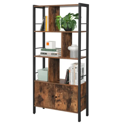 Industrial Bookshelf and Bookcase with 2 Louvered Doors and 4 Shelves, Standing Storage Cabinet for Living Room, Home Office