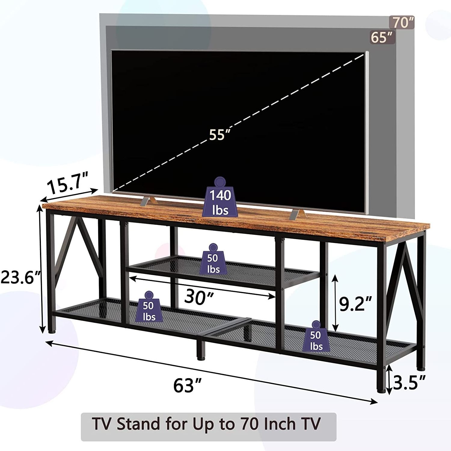 TV Stand for 65 70 inch TV, Industrial Entertainment Center, Long 63'' TV Console Table with Open Storage Shelves for bed room