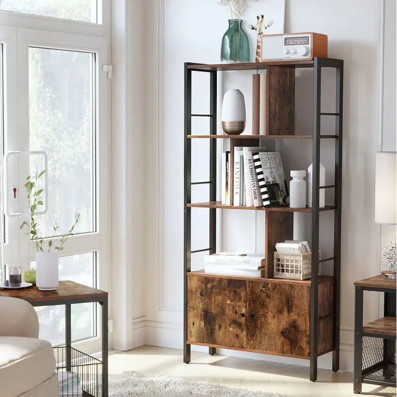 Industrial Bookshelf and Bookcase with 2 Louvered Doors and 4 Shelves, Standing Storage Cabinet for Living Room, Home Office