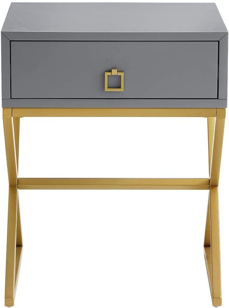 Modern Side Table with Drawer, Nightstand End Table with Lacquer Finish & X-shape Golden Metal Base-gray/golden Home Furniture