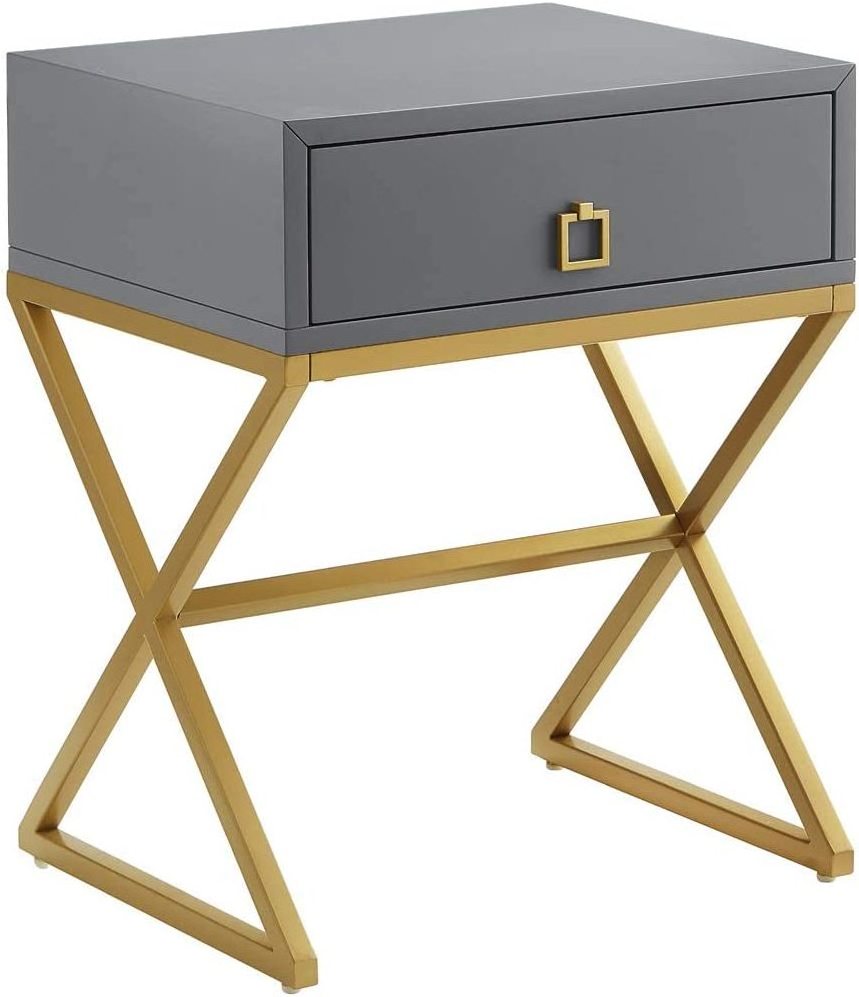 Modern Side Table with Drawer, Nightstand End Table with Lacquer Finish & X-shape Golden Metal Base-gray/golden Home Furniture