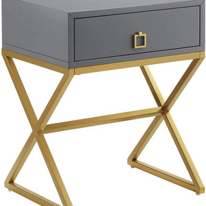 Modern Side Table with Drawer, Nightstand End Table with Lacquer Finish & X-shape Golden Metal Base-gray/golden Home Furniture