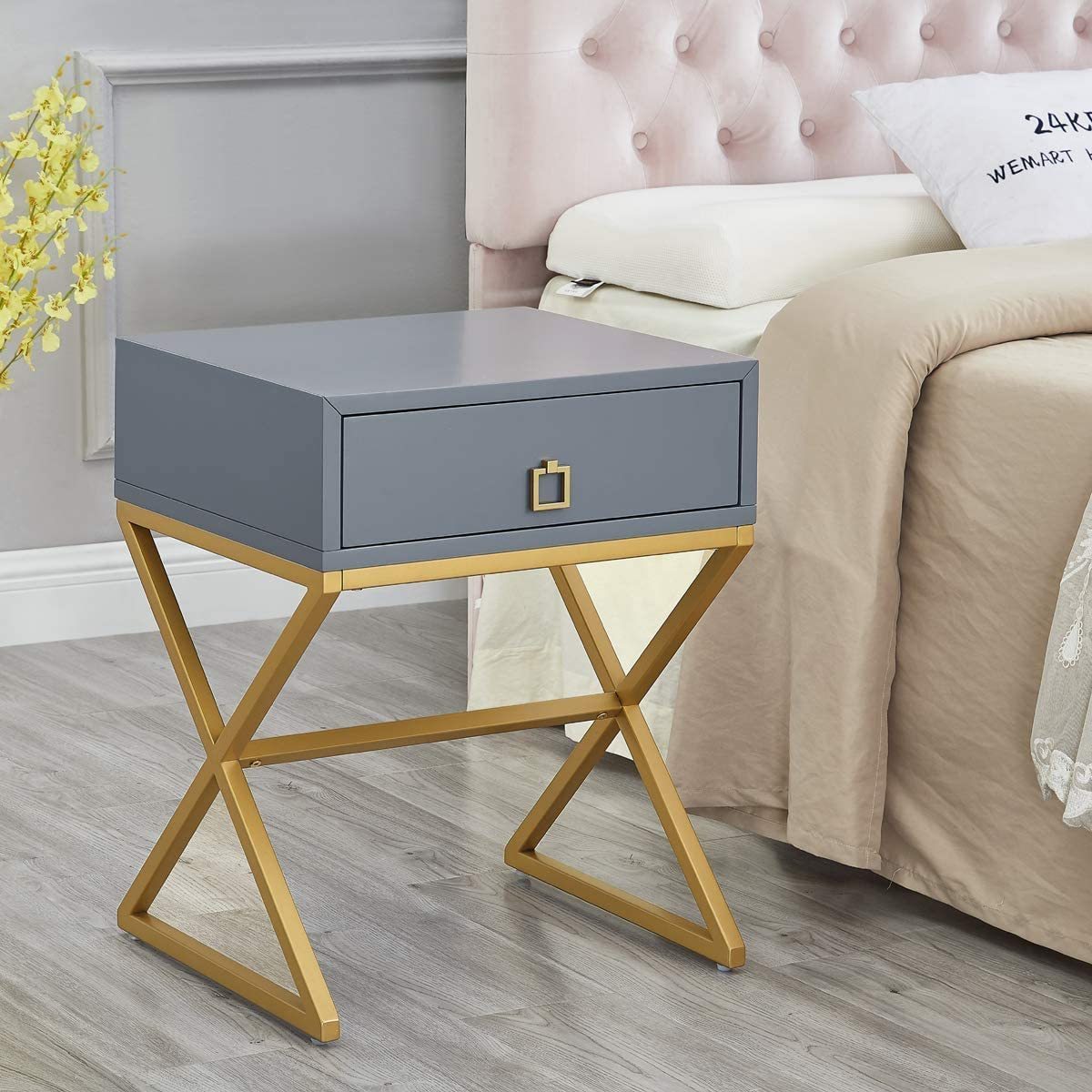 Modern Side Table with Drawer, Nightstand End Table with Lacquer Finish & X-shape Golden Metal Base-gray/golden Home Furniture