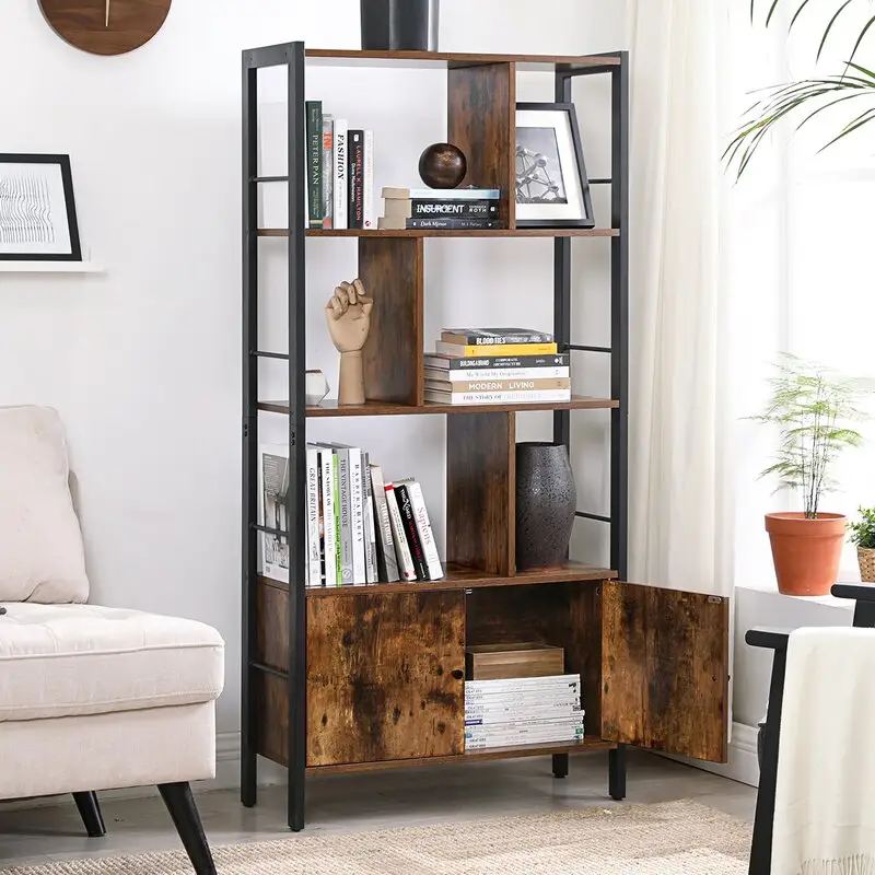 Industrial Bookshelf and Bookcase with 2 Louvered Doors and 4 Shelves, Standing Storage Cabinet for Living Room, Home Office